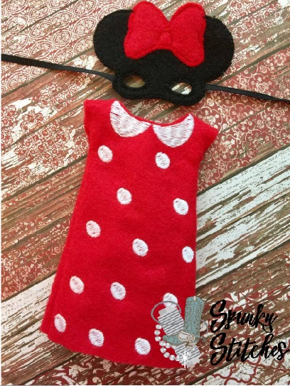 Elf Minnie Costume in the hoop embroidery deisgn by spunky stitches