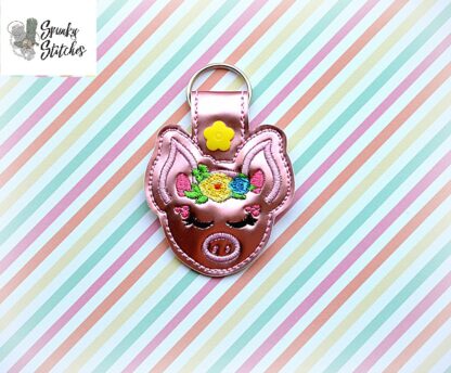 Pig With Flower Headband Key Fob