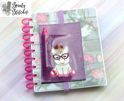 nerdy unicorn planner band pencil pocket in the hoop embroidery file by spunky stitches
