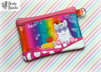 nerdy unicorn zipper bag in the hoop embroidery file by spunky stitches
