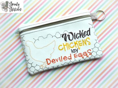 wicked chickens zipper bag in the hoop embroidery file by spunky stitches