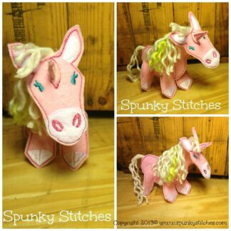 3D unicorn felt toy in the hoop embroidery file by spunky stitches