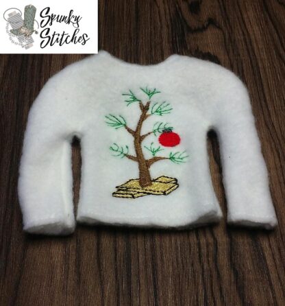 Elf Charlie brown tree shirt in the hoop embroidery file by spunky stitches