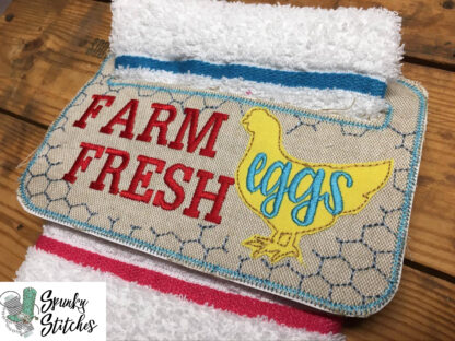 Fresh Eggs towel holder in the hoop embroidery file by spunky stitches
