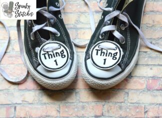 thing 1 and 2 shoe tags in the hoop embroidery file by spunky stitches