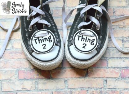 thing 1 and 2 shoe tags in the hoop embroidery file by spunky stitches