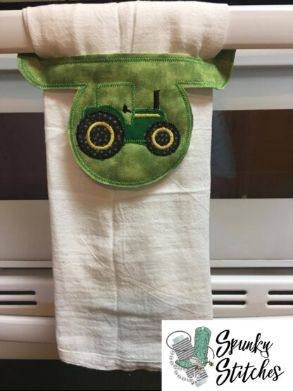 Tractor towel holder in the hoop embroidery file by spunky stitches