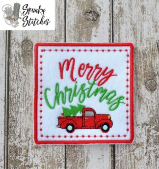 Merry Xmas Truck Mug Rug in the hoop embroidery file by spunky stitches