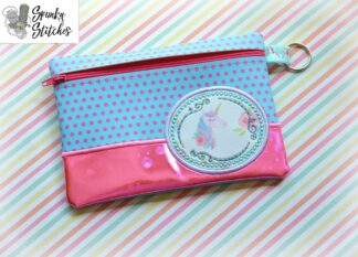 Monogram circle Zipper Bag in the hoop embroidery file by spunky stitches