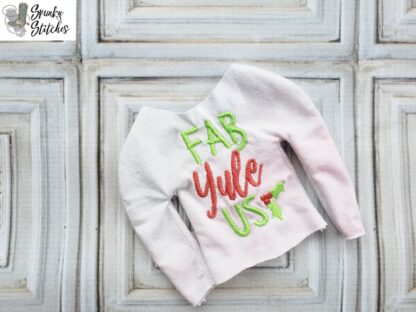 Elf fab-yule-us shirt in the hoop embroidery file by spunky stitches