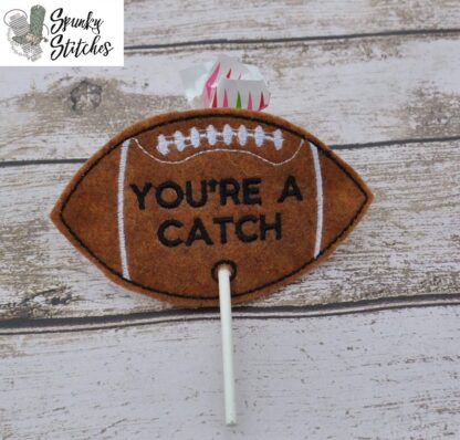 Football valentine Sucker holder in the hoop embroidery file by Spunky Stitches.