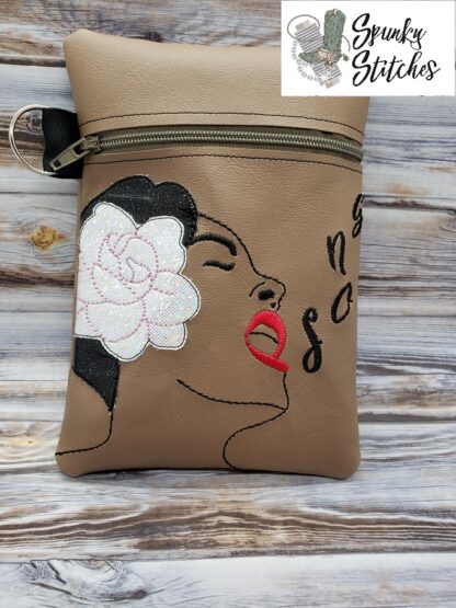 Billie holiday zipper bag in the hoop embroidery file by Spunky stitches