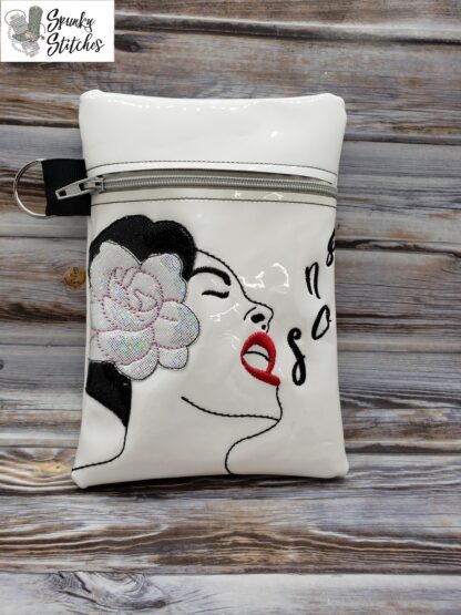 Billie holiday zipper bag in the hoop embroidery file by Spunky stitches