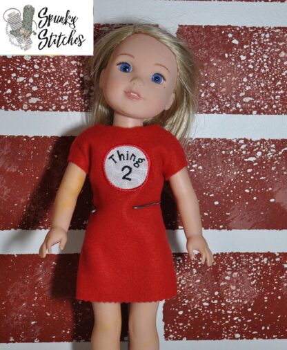 14in Doll Thing 1 dress in the hoop embroidery file by Spunky stitches