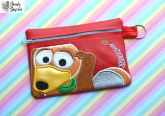 Slinky Dog zipper bag in the hoop embroidery file by Spunky stitches