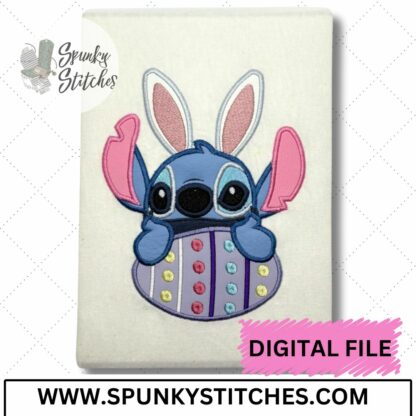 Blue Alien Bunny On Easter Egg Embroidery Applique