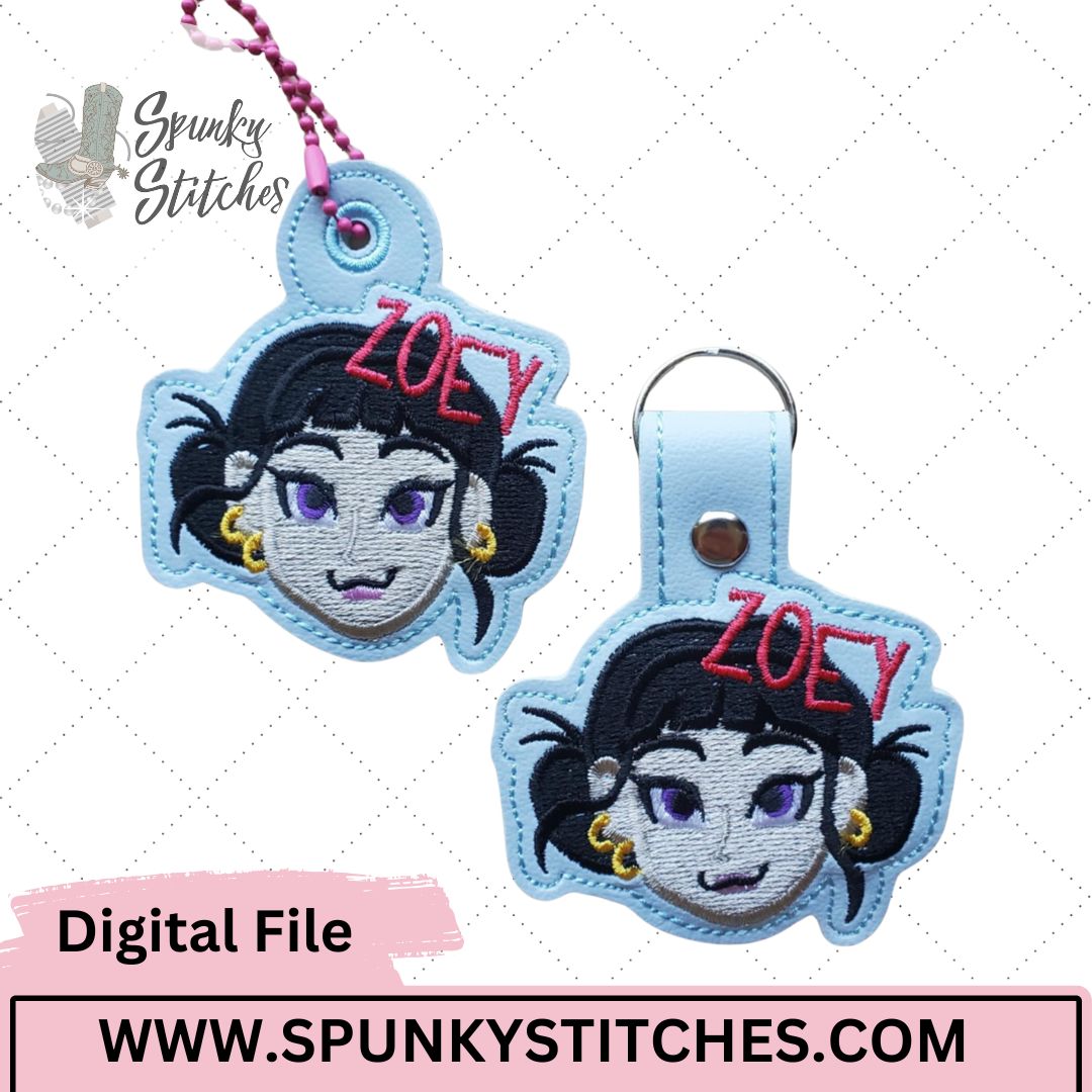 Zoey Key Fob and Zipper Pull In The Hoop Embroidery File