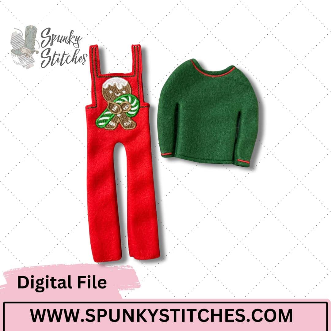 gingerbread elf overalls in the hoop embroidery file
