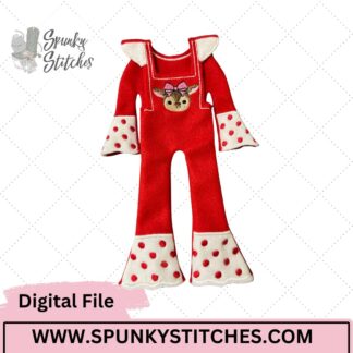 Girl Reindeer Ruffled Overalls And Shirt Elf Outfit Digital Embroidery File