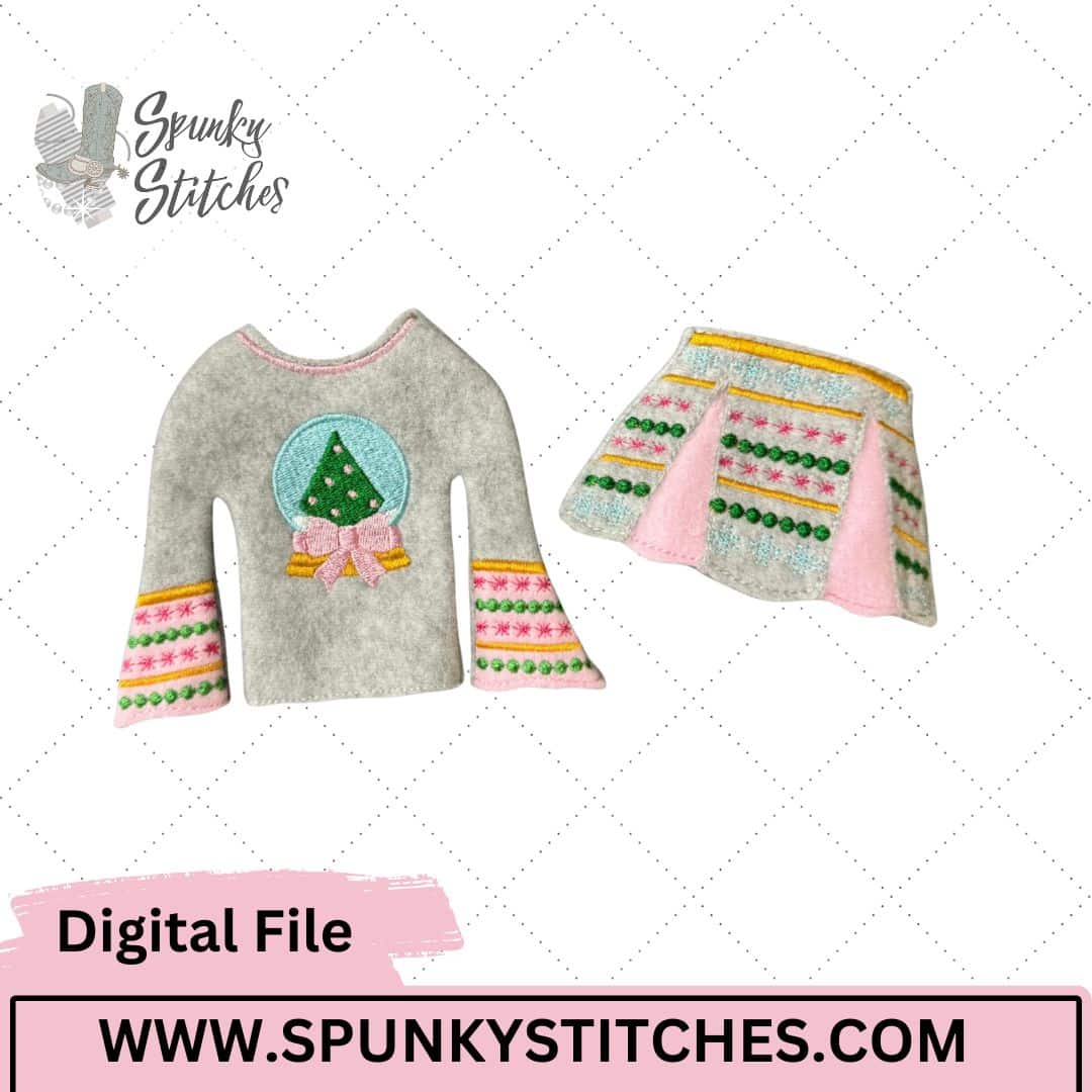 snow globe elf skirt set embroidery file