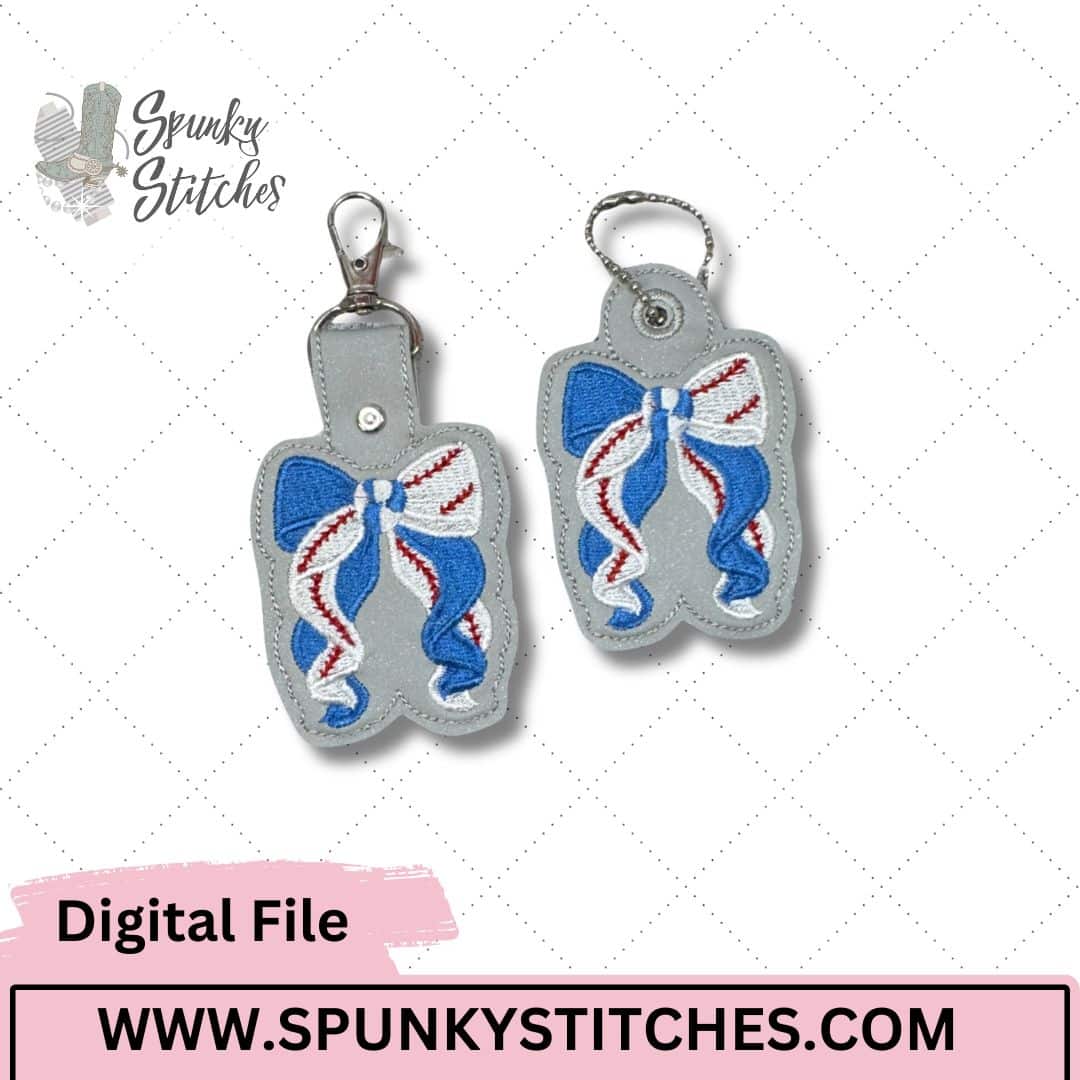 Baseball/Softball Ruffle Bow Fob and Zipper Pull In The Hoop Embroidery File